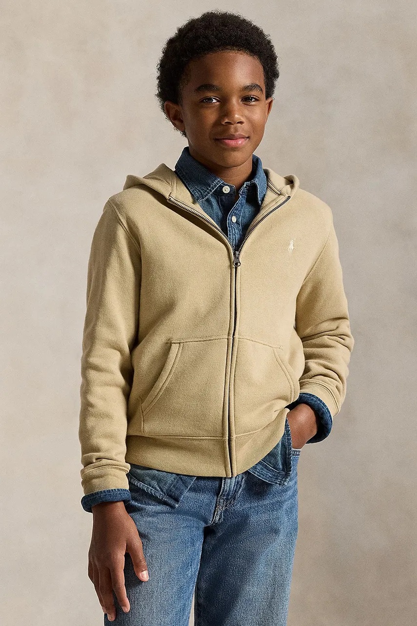 Levně Dětská mikina Polo Ralph Lauren béžová barva, s kapucí, hladká, 323799360503