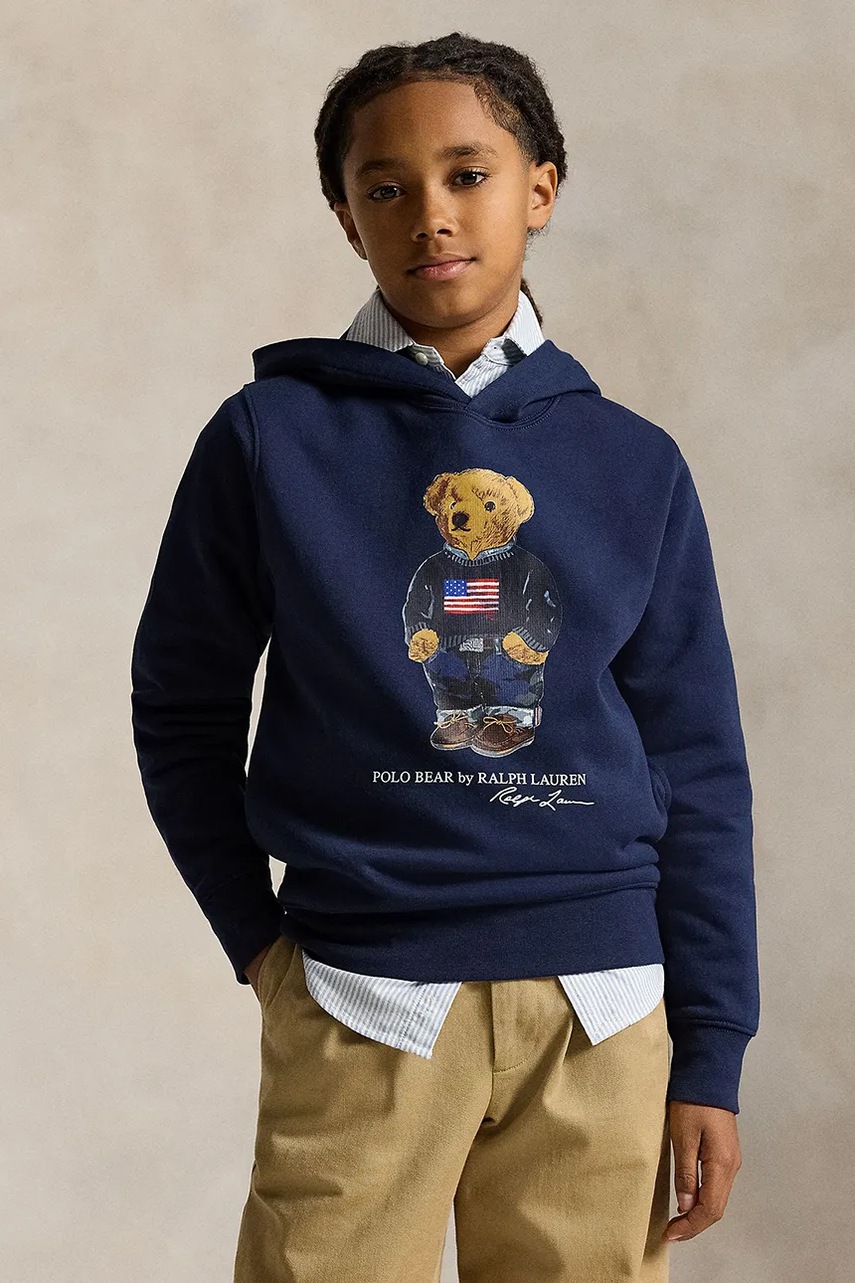 Levně Dětská mikina Polo Ralph Lauren tmavomodrá barva, s kapucí, s potiskem, 323A10529001