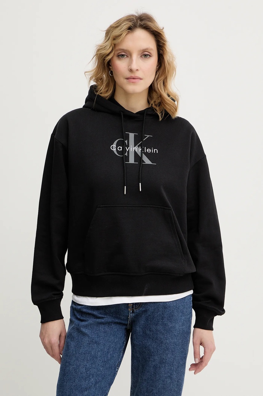 Levně Mikina Calvin Klein Jeans dámská, černá barva, s kapucí, hladká, LV047E221G