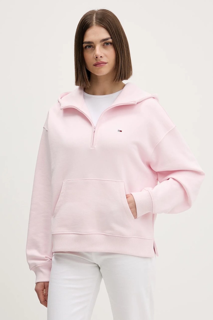 Tommy Jeans hanorac de bumbac culoarea roz, cu glugă, uni, DW0DW21924