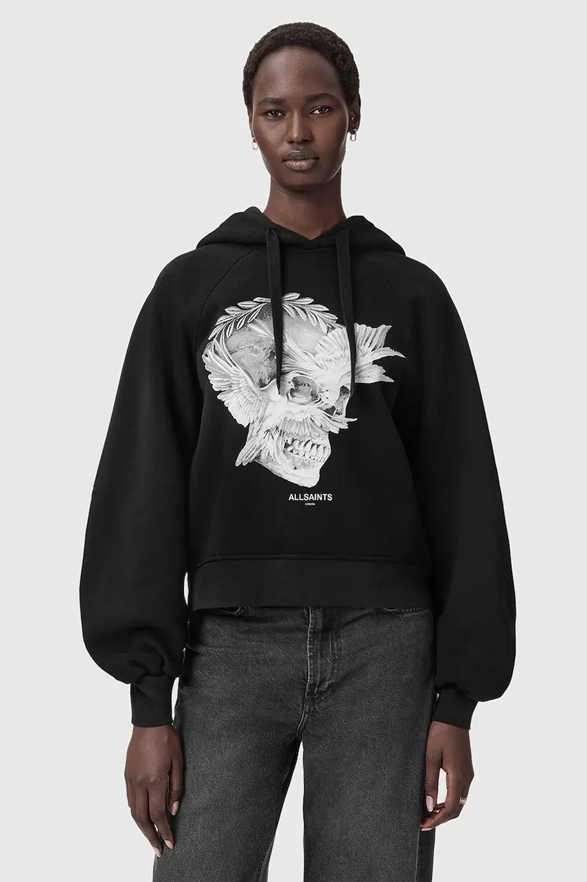 AllSaints hanorac de bumbac culoarea negru, cu glugă, cu imprimeu, W092JD