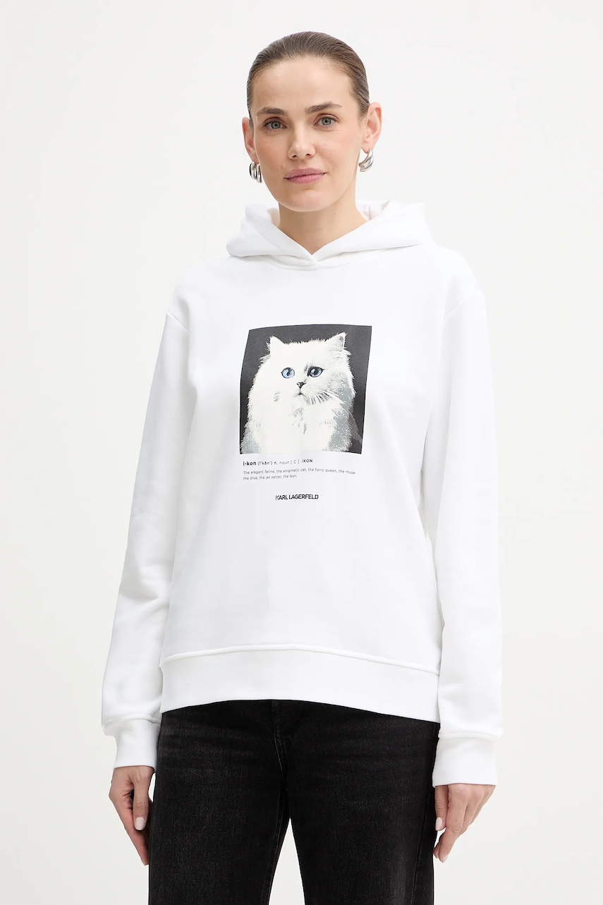 Mikina Karl Lagerfeld dámská, bílá barva, s kapucí, s potiskem, B1W20012