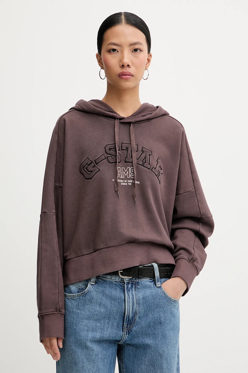 G-Star hanorac de bumbac culoarea maro, cu glugă, cu imprimeu, D27266-D969