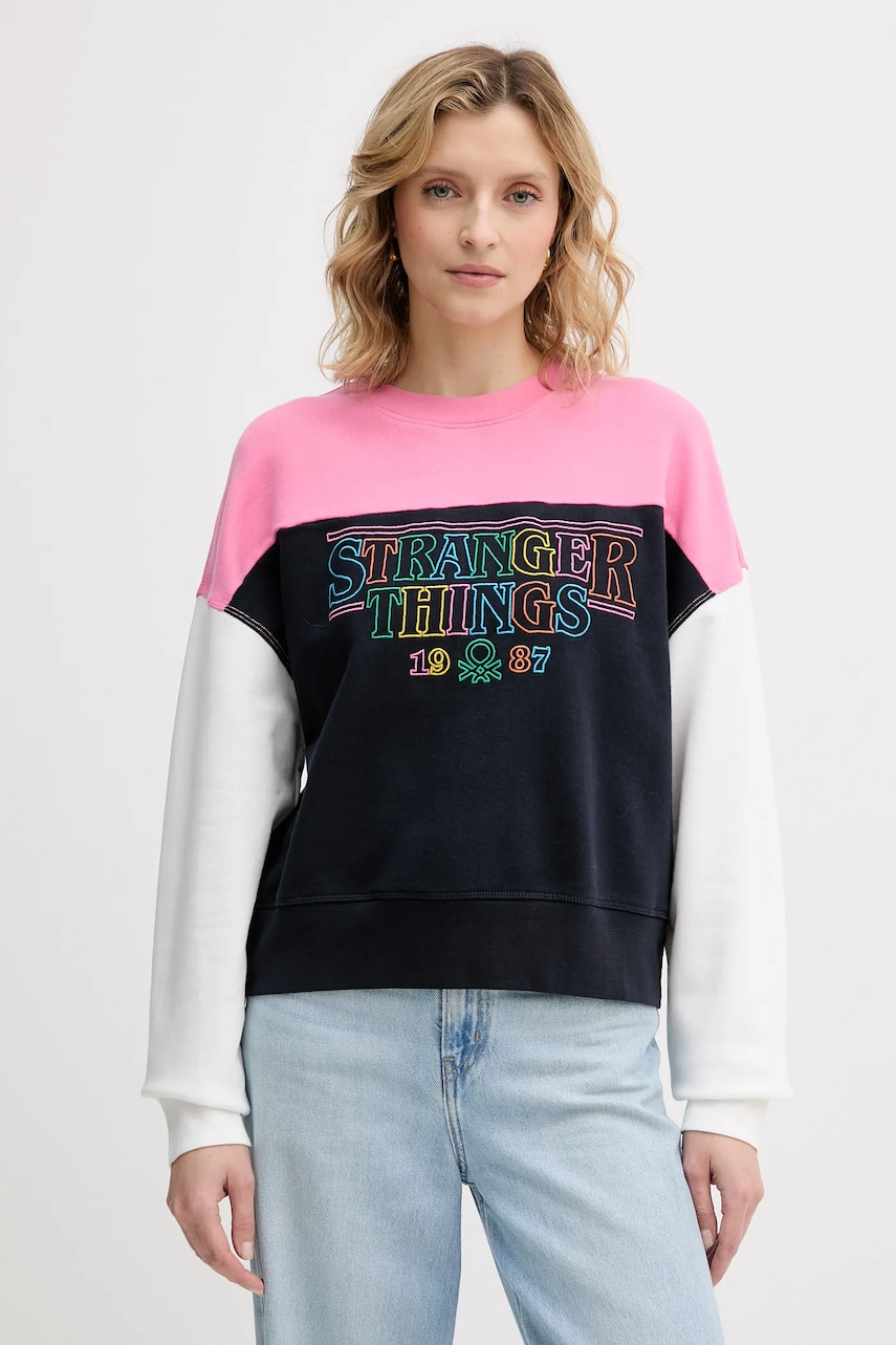 United Colors of Benetton hanorac de bumbac pentru copii x Stranger Things culoarea bleumarin, cu imprimeu, 33NVD10BB