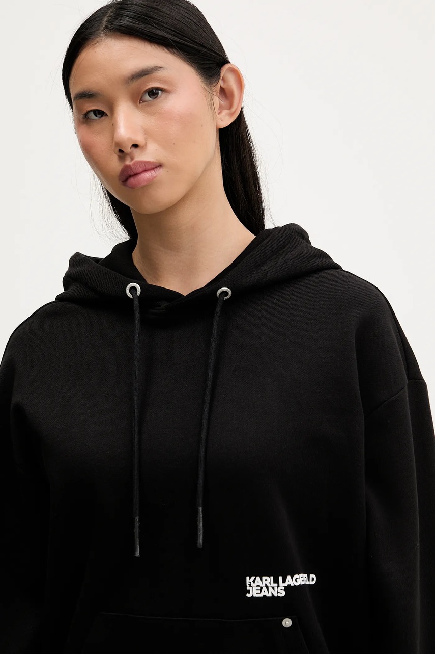 Βαμβακερή μπλούζα Karl Lagerfeld Jeans γυναικεία, χρώμα: μαύρο, με κουκούλα, B1W20046 φωτογραφία