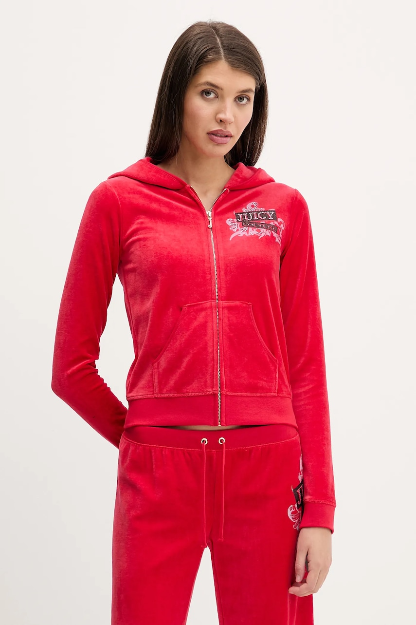 Juicy Couture bluză din velur Wrap You Up culoarea roșu, cu glugă, cu imprimeu, JCNAS126451