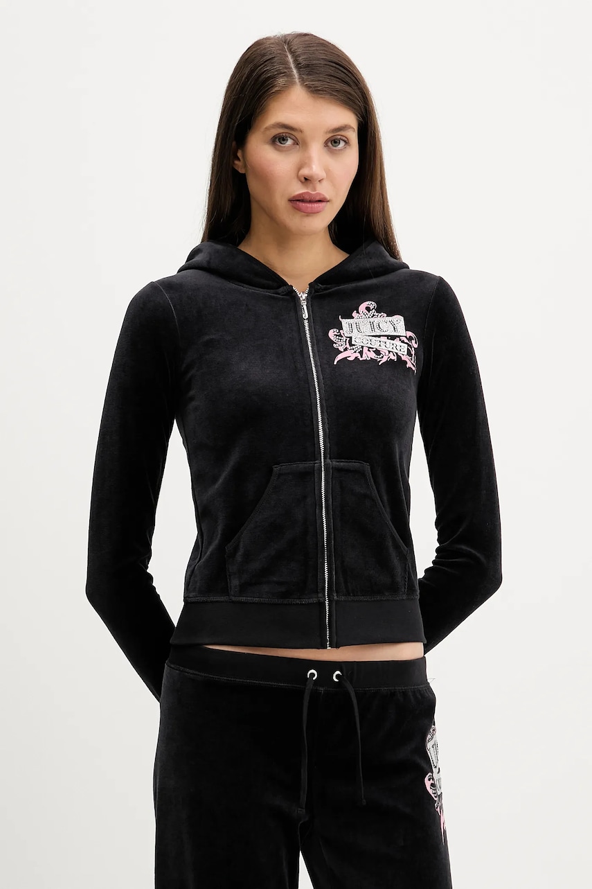 Juicy Couture bluză din velur Wrap You Up culoarea negru, cu glugă, cu imprimeu, JCNAS126451