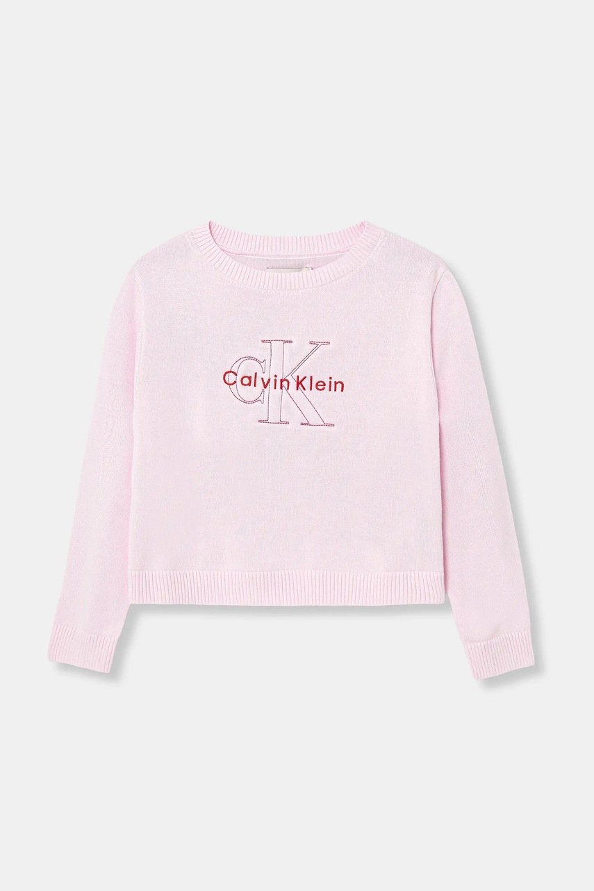 Levně Dětská bavlněná mikina Calvin Klein Jeans růžová barva, s aplikací, IG0IG03075