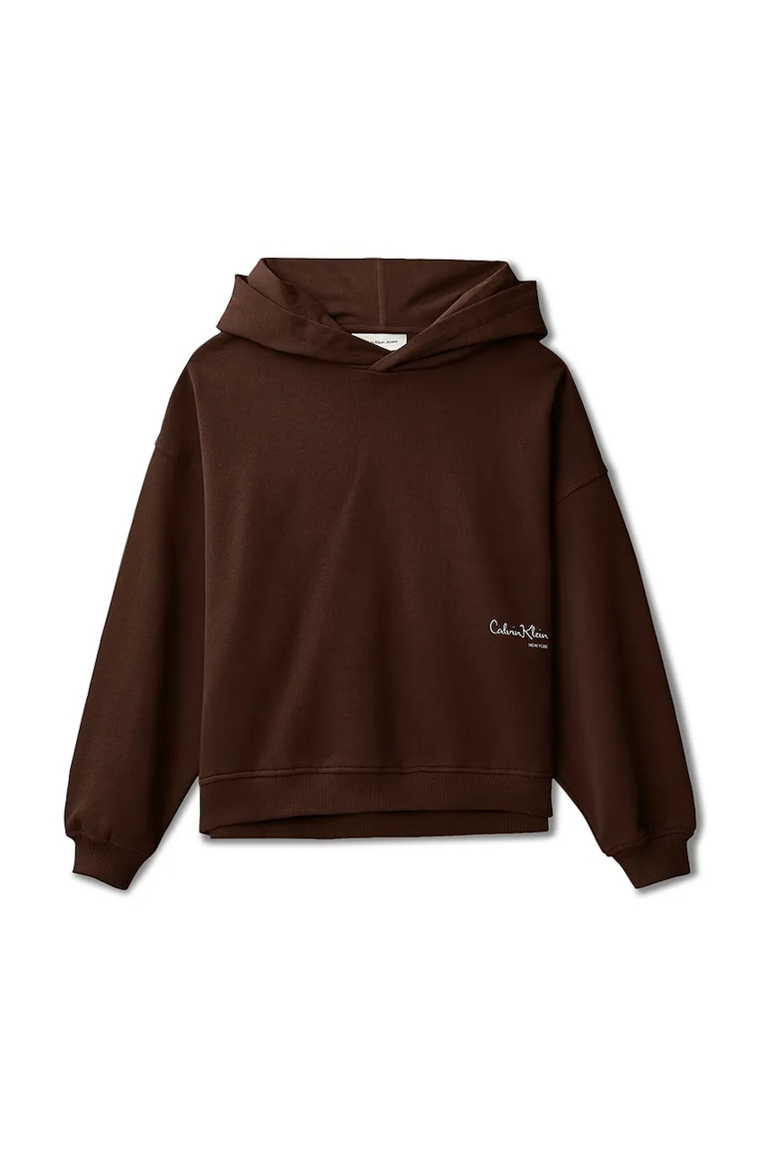 Детская хлопковая кофта Calvin Klein Jeans цвет коричневый с капюшоном однотонная IG0IG03067 Детская хлопковая кофта Calvin Klein Jeans цвет коричневый с капюшоном однотонная IG0IG03067
