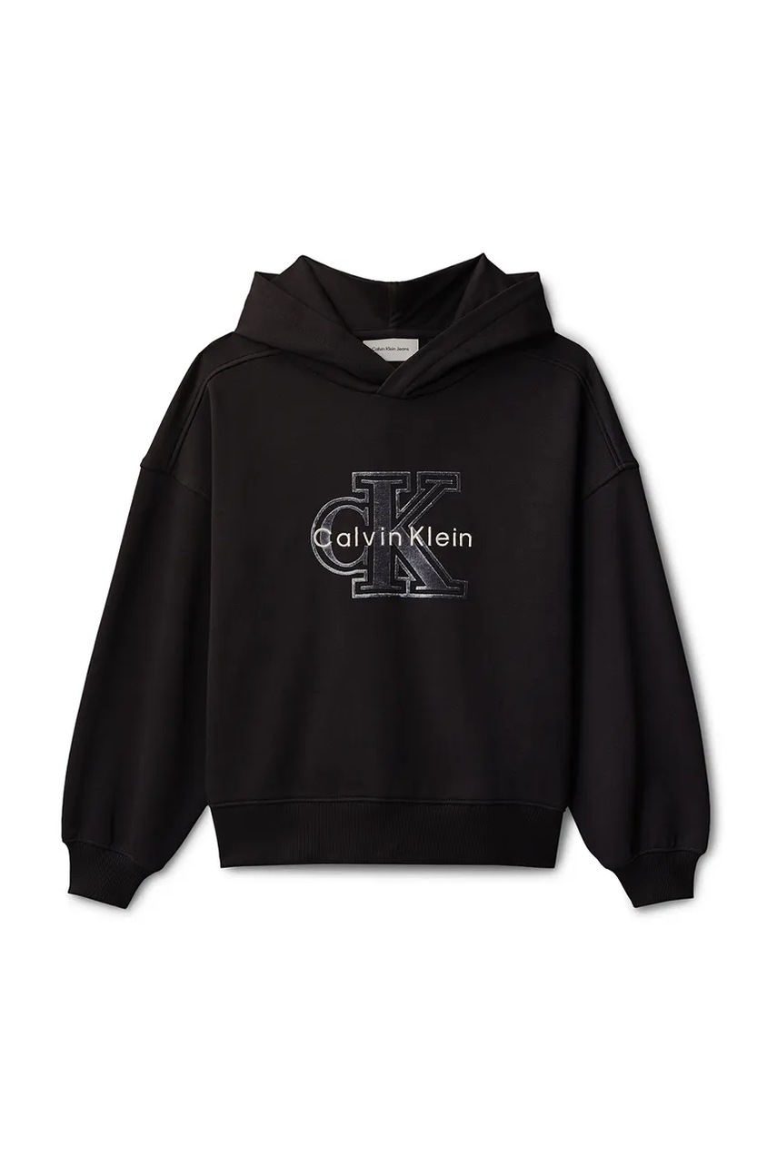 Детская хлопковая кофта Calvin Klein Jeans цвет чёрный с капюшоном с принтом IG0IG03068