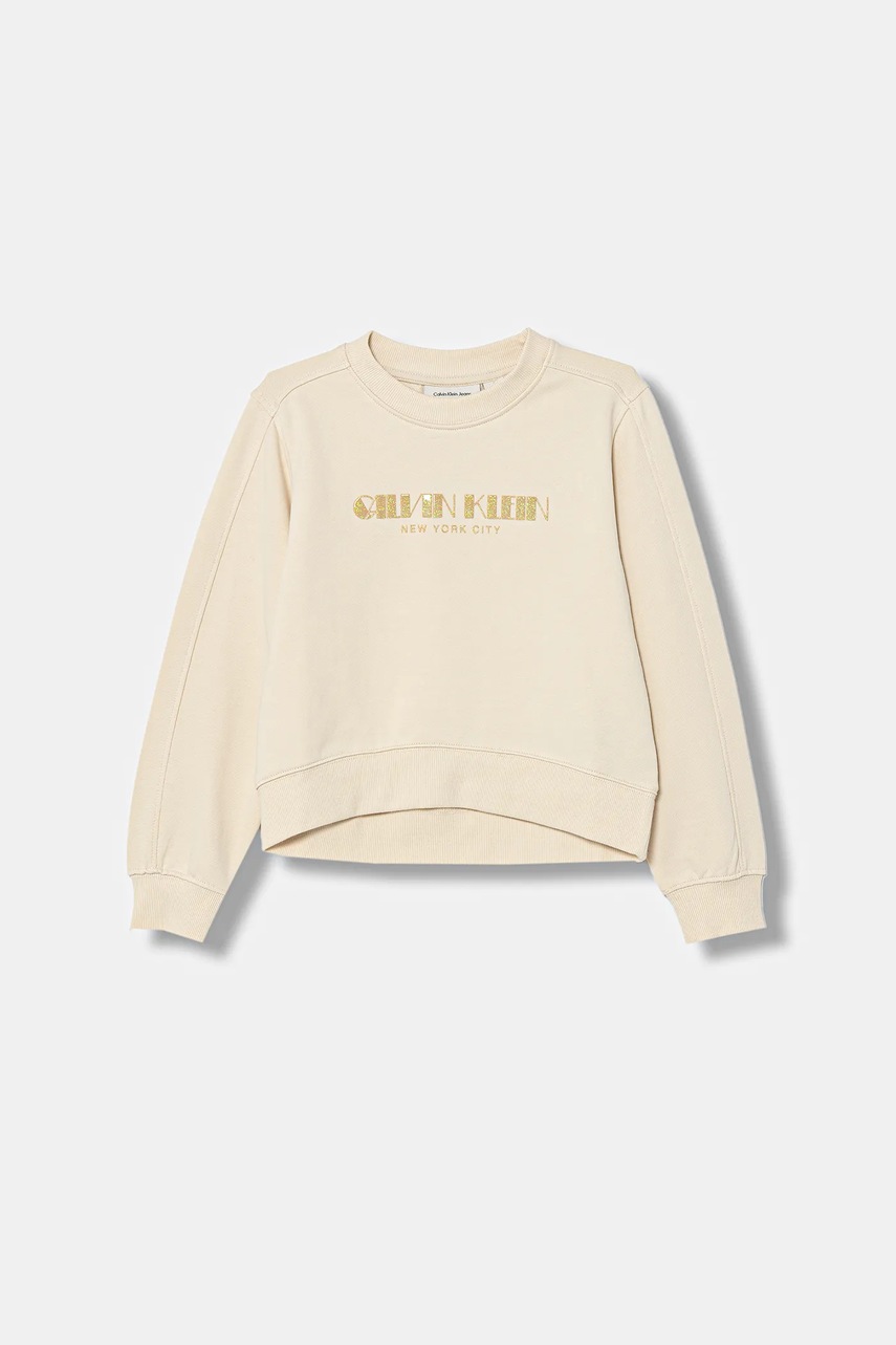 Levně Dětská bavlněná mikina Calvin Klein Jeans béžová barva, s potiskem, IG0IG03069