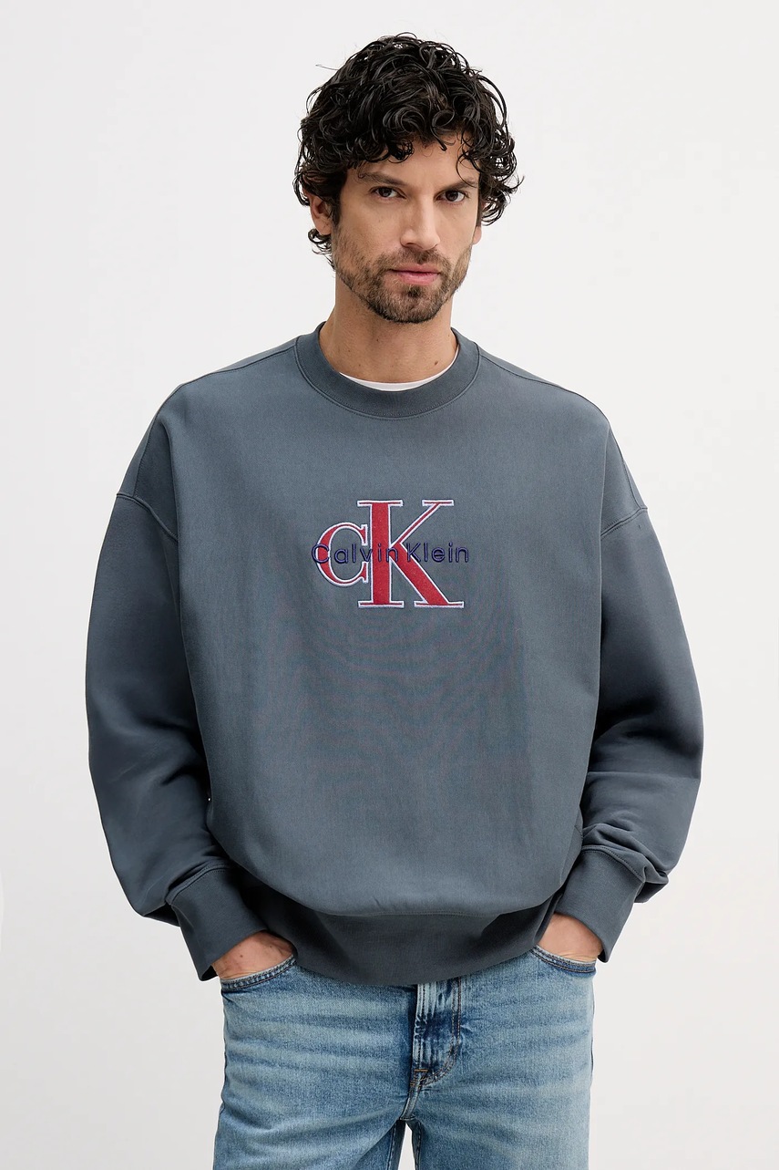 Levně Mikina Calvin Klein Jeans pánská, šedá barva, s aplikací, LV04RE200G