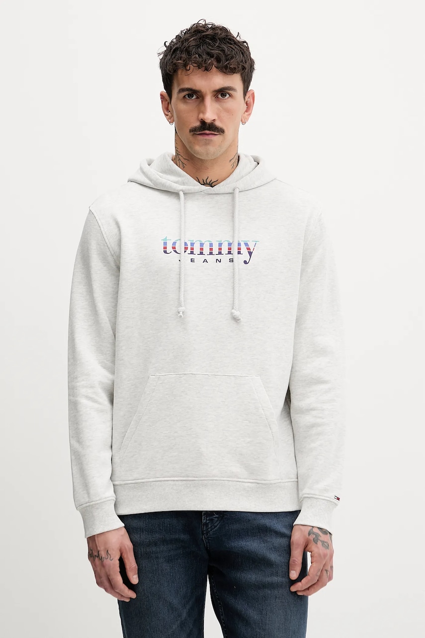 Tommy Jeans hanorac de bumbac culoarea gri, cu glugă, uni, DM0DM22642