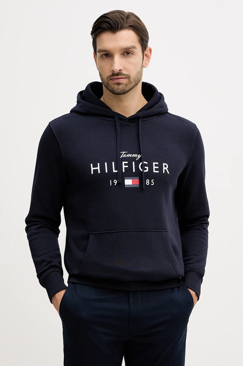 Levně Mikina Tommy Hilfiger pánská, tmavomodrá barva, s kapucí, s potiskem, MW0MW41427