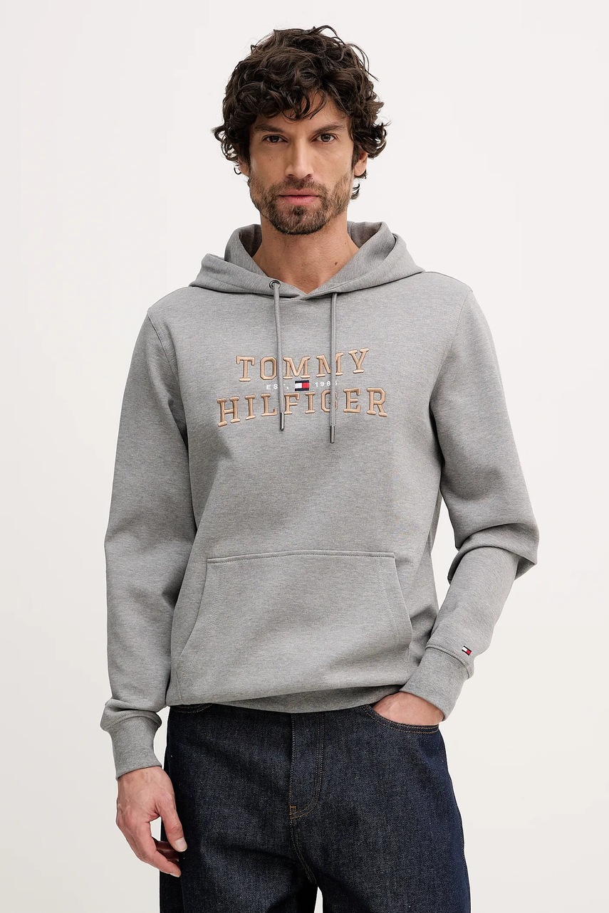 Levně Mikina Tommy Hilfiger pánská, šedá barva, s kapucí, s aplikací, MW0MW42528