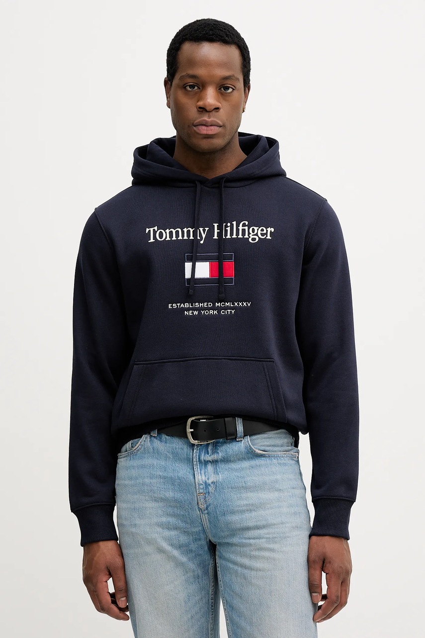 Levně Mikina Tommy Hilfiger pánská, tmavomodrá barva, s kapucí, s aplikací, MW0MW42735