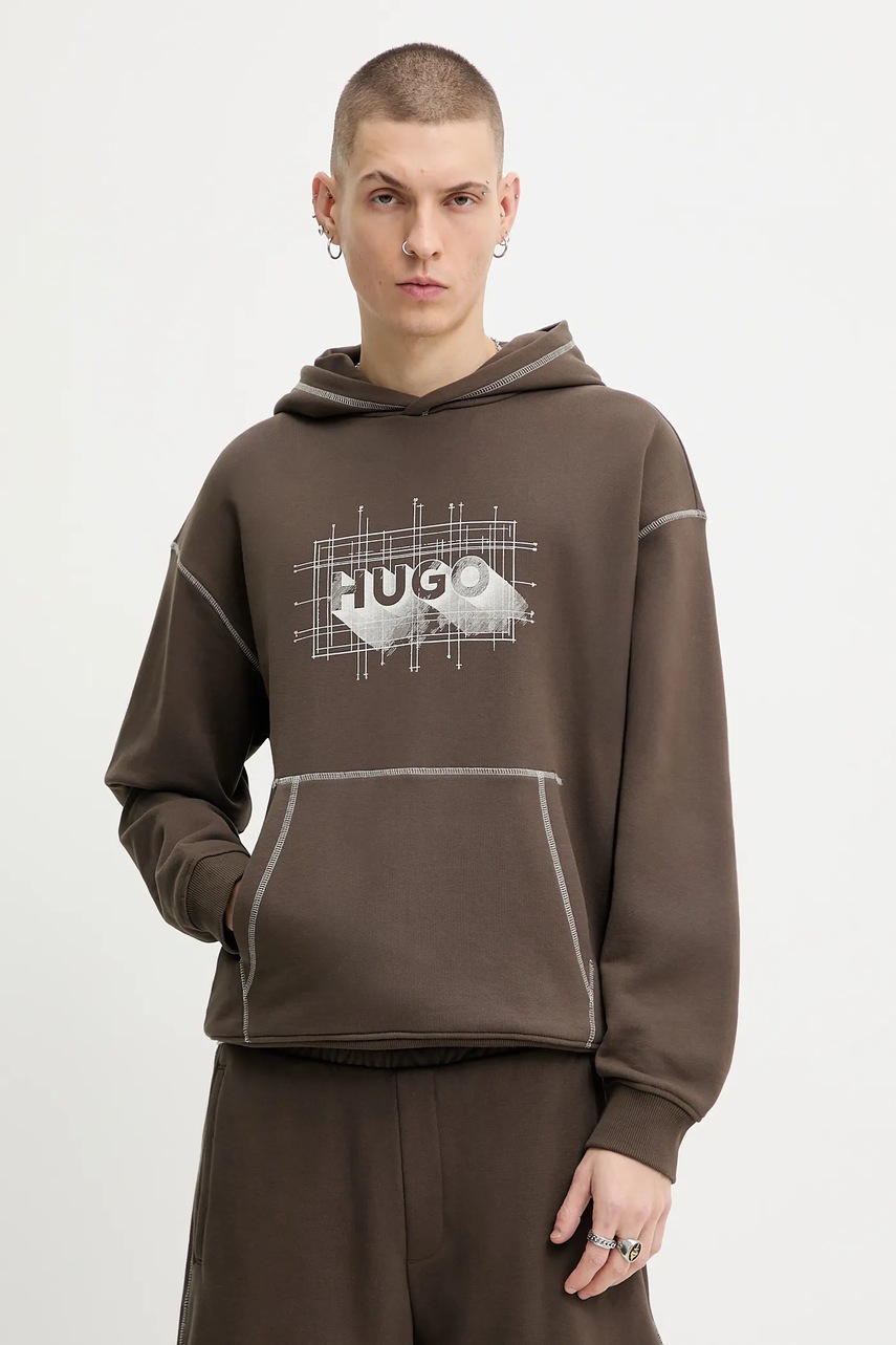 Levně Bavlněná mikina Hugo Blue Nothalium pánská, hnědá barva, s kapucí, vzorovaná, 50553506