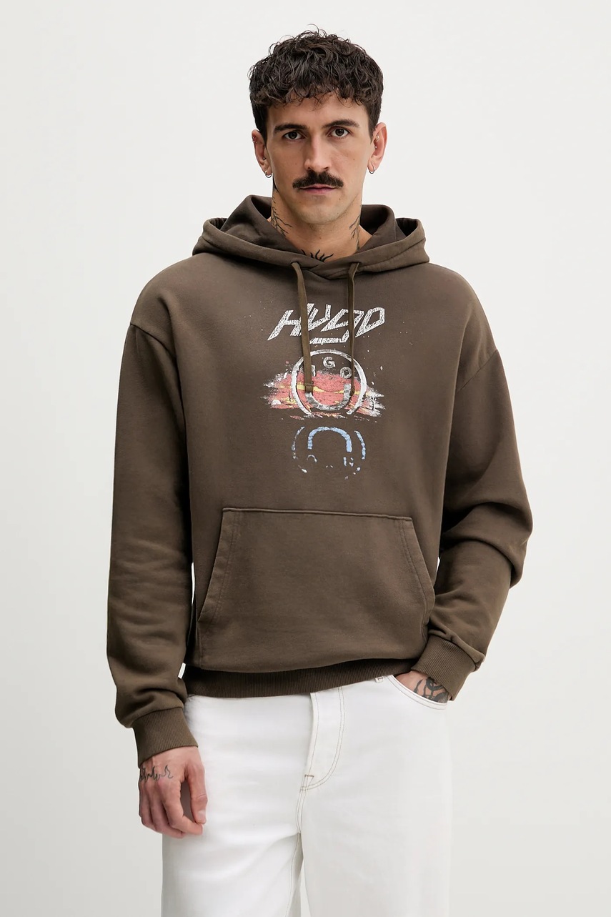 Levně Bavlněná mikina Hugo Blue Nimponex pánská, hnědá barva, s kapucí, s potiskem, 50554385