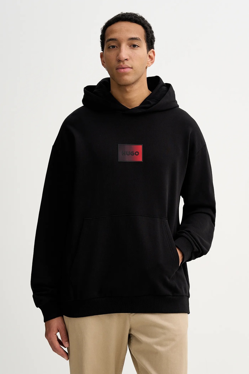 Levně Bavlněná mikina HUGO Danohood pánská, černá barva, s kapucí, s potiskem, 50553145