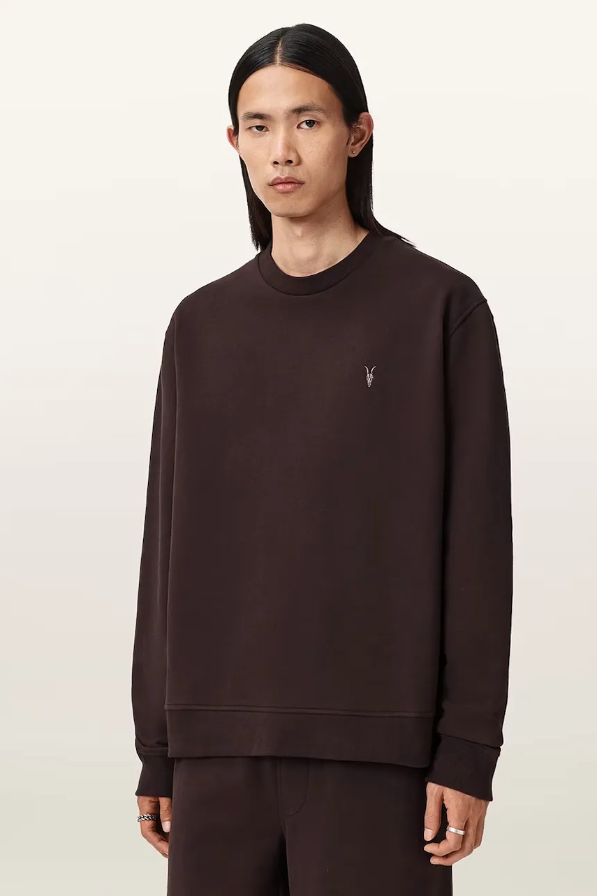 AllSaints hanorac de bumbac culoarea maro, uni, M016ND