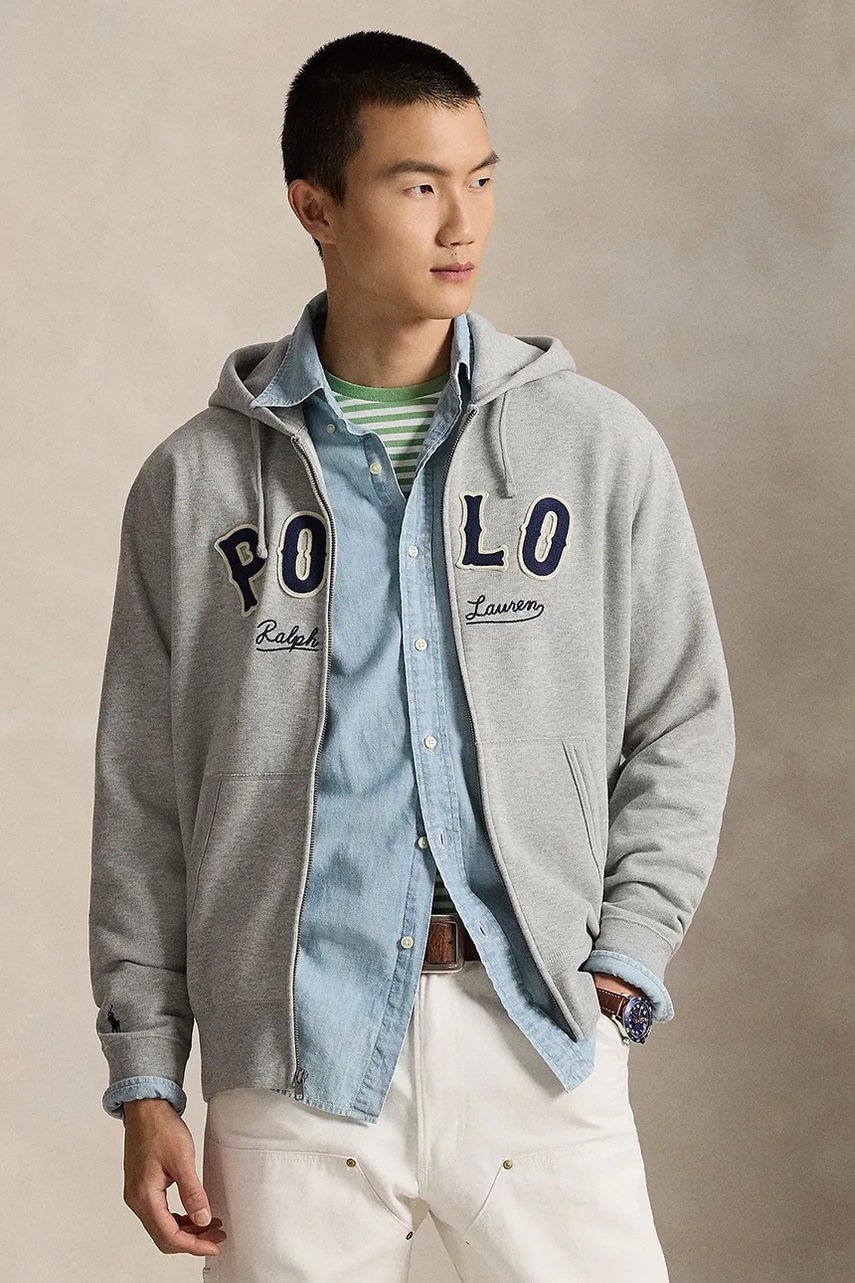 Levně Mikina Polo Ralph Lauren pánská, šedá barva, s kapucí, s aplikací, 710P04874