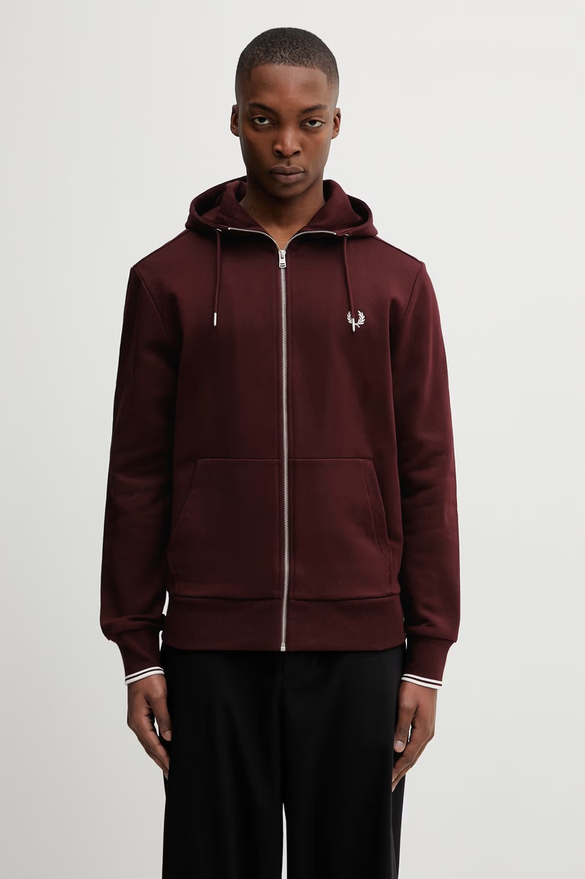 Fred Perry μπλούζα με κουκούλα και κουμπιά ανδρική βαμβακερή J7536 μπορντό L,S,XL,M