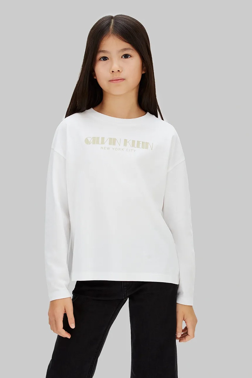 Levně Dětské bavlněné tričko s dlouhým rukávem Calvin Klein Jeans bílá barva, IG0IG03090