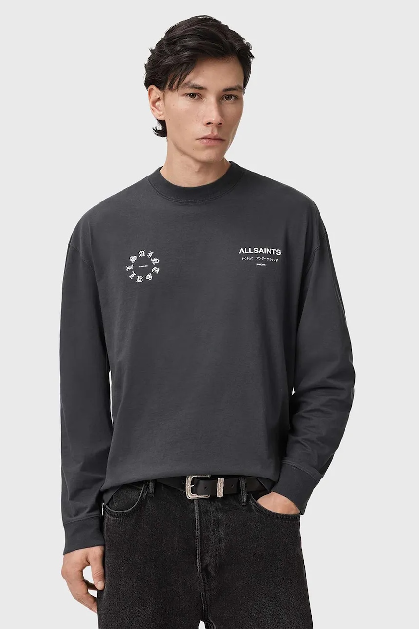 AllSaints longsleeve din bumbac culoarea gri, cu imprimeu, M043PD