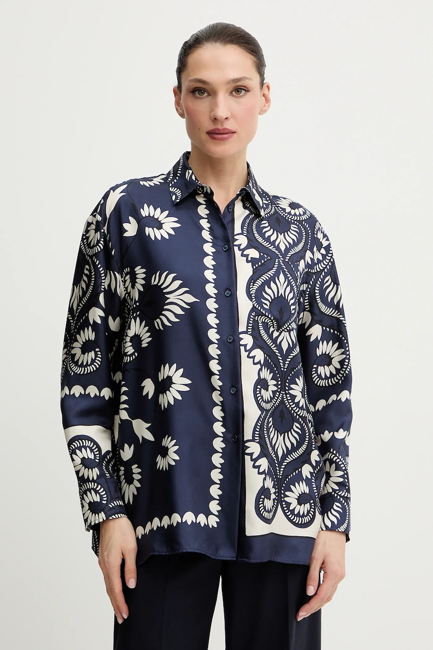 Weekend Max Mara cămașă de matase LASTRA culoarea bleumarin, cu guler clasic, regular, 2615191011600