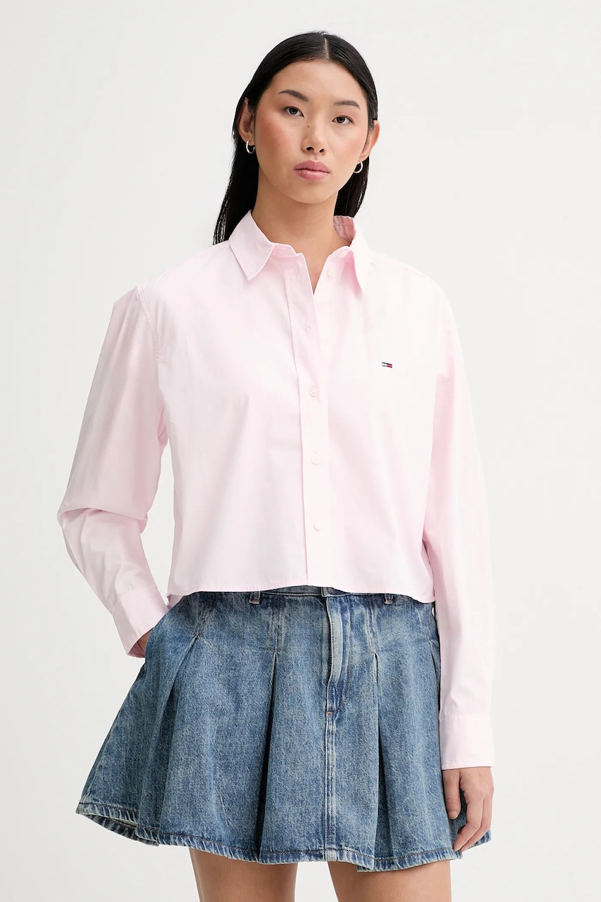 Tommy Jeans camasa din bumbac culoarea roz, cu guler clasic, relaxed, DW0DW22078