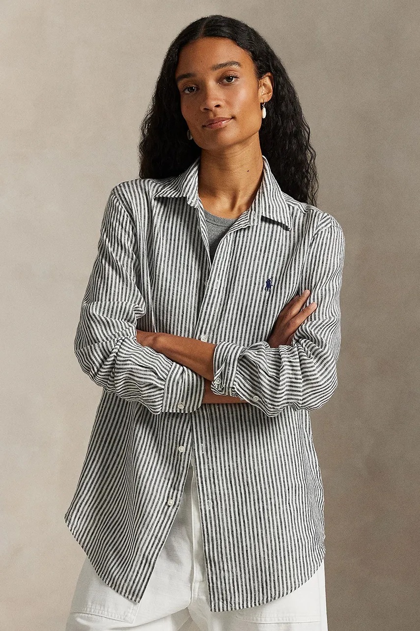 Levně Lněná košile Polo Ralph Lauren dámská, šedá barva, regular, s klasickým límcem, 211A96158