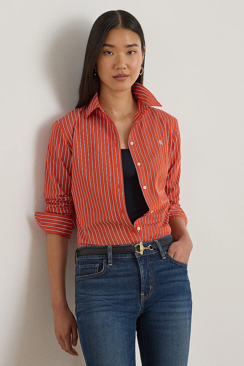 Levně Bavlněná košile Lauren Ralph Lauren dámská, oranžová barva, regular, s klasickým límcem, 200P03511