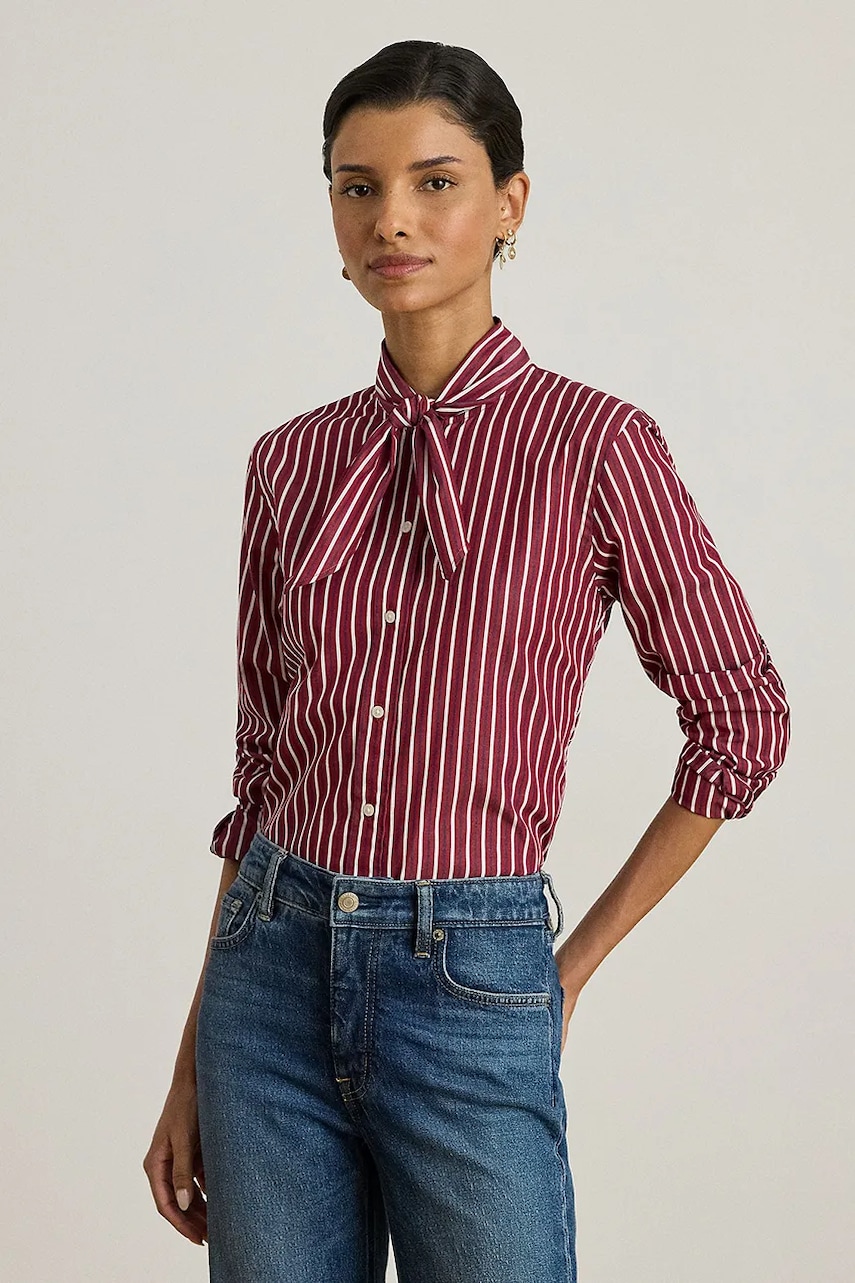 Lauren Ralph Lauren koszula bawełniana damska kolor czerwony regular z wiązanym dekoltem 200P03515