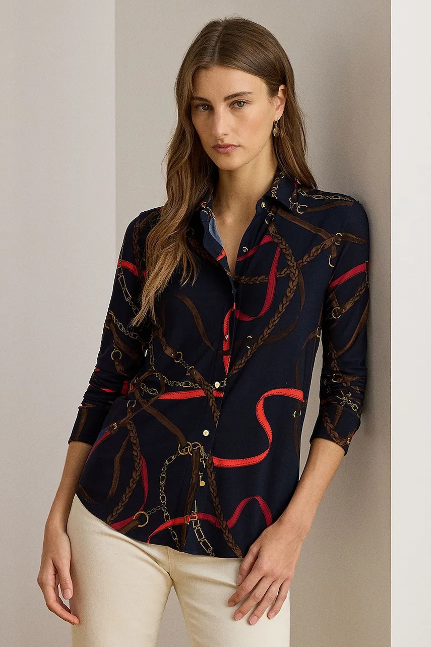 Levně Košile Lauren Ralph Lauren dámská, tmavomodrá barva, regular, s klasickým límcem, 200P03716