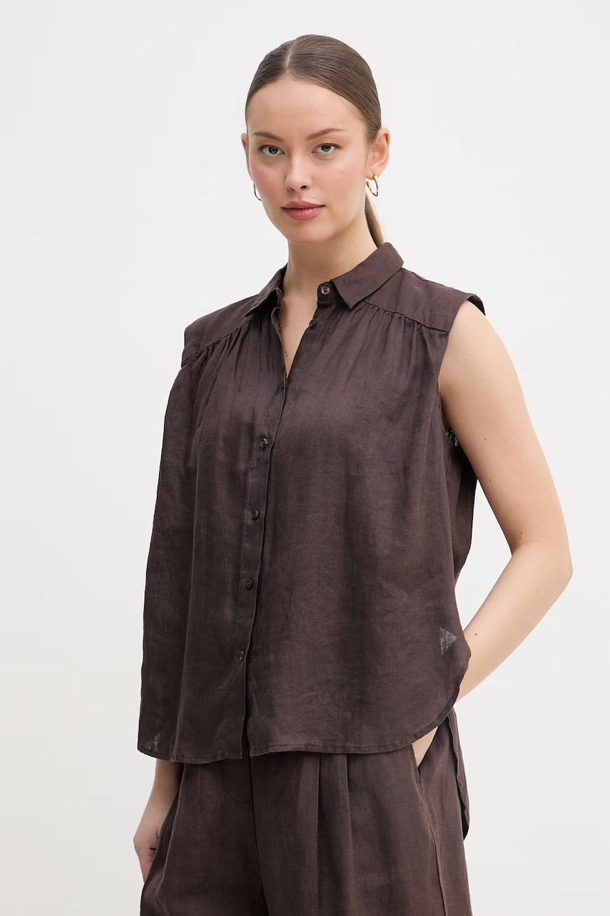 United Colors of Benetton Πουκάμισο Γυναικείο λινό 5BMLDQ0E0 καφέ XS,M,S,L,XL