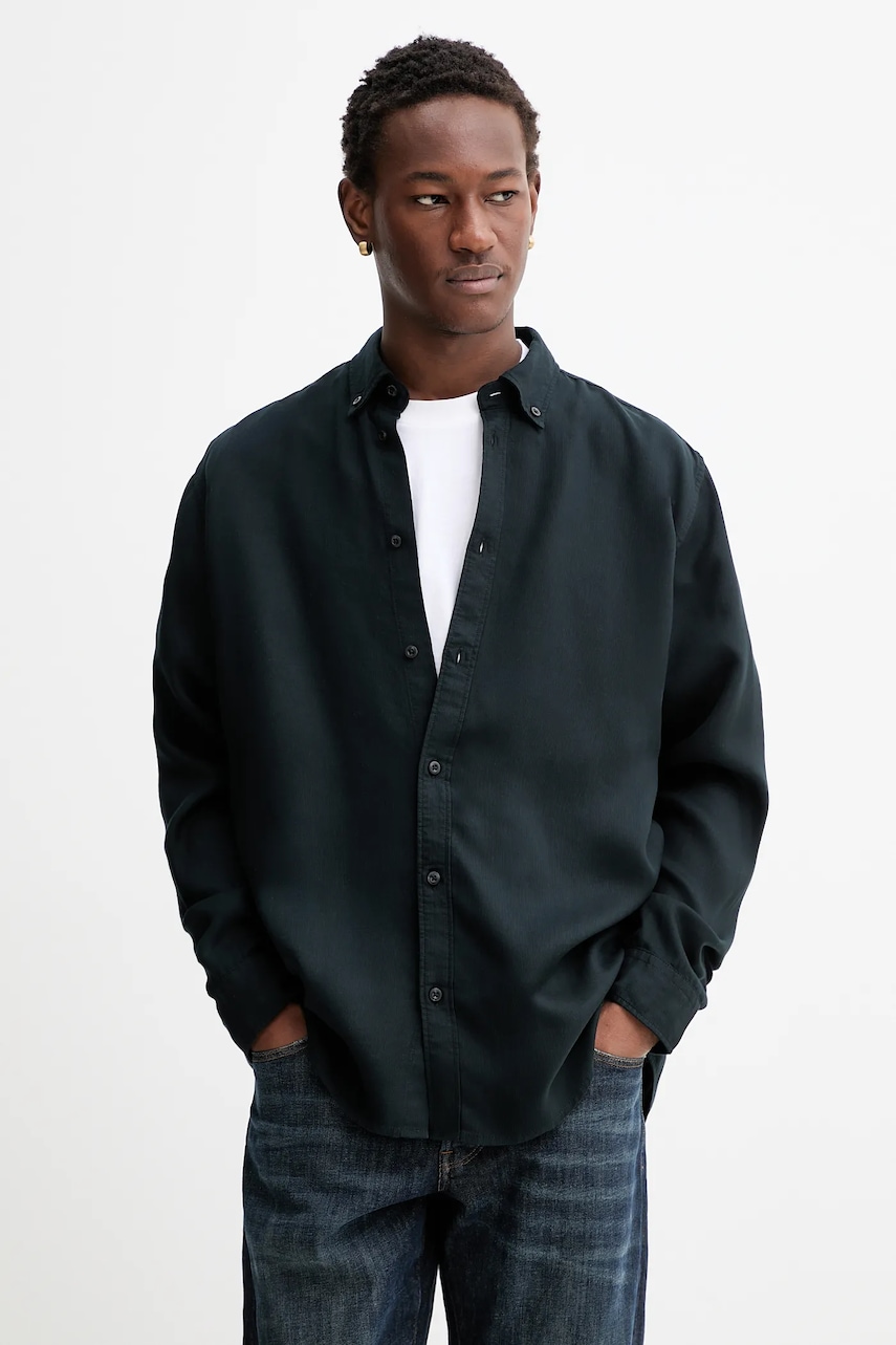 Les Deux cămașă Kent culoarea negru, cu guler button-down, relaxed, 1000952