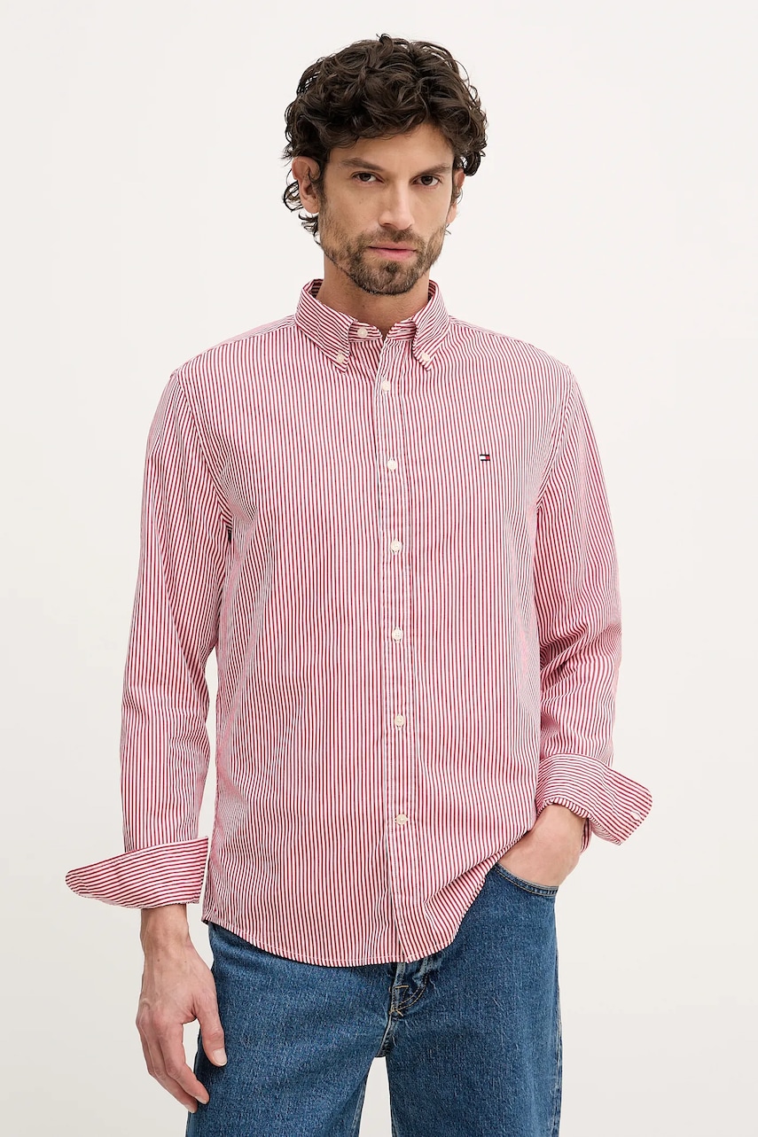 Levně Bavlněná košile Tommy Hilfiger pánská, červená barva, regular, s límečkem button-down, MW0MW41403