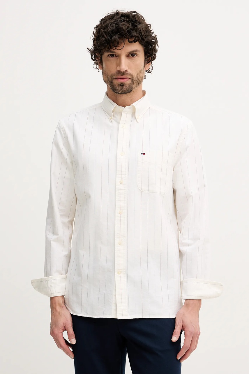 Levně Bavlněná košile Tommy Hilfiger pánská, béžová barva, regular, s límečkem button-down, MW0MW41694