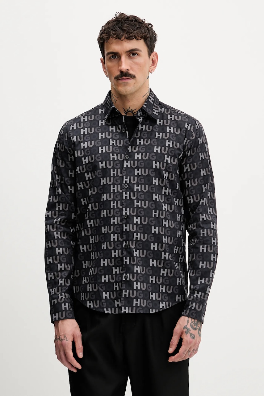 Levně Bavlněná košile HUGO Ermo pánská, černá barva, regular, s klasickým límcem, 50555775