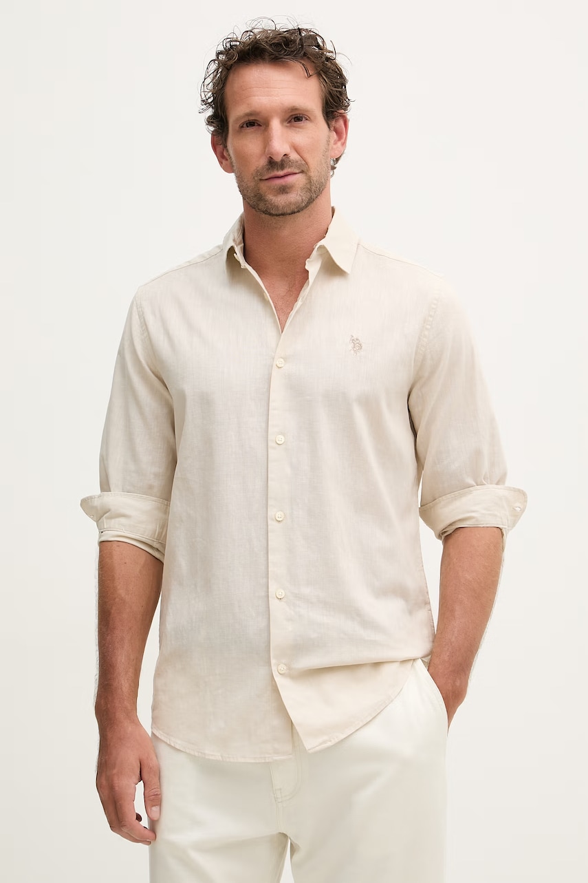U.S. Polo Assn. koszula safari męska z lnem LINEN BLEND LS beżowa gładka MUP3248