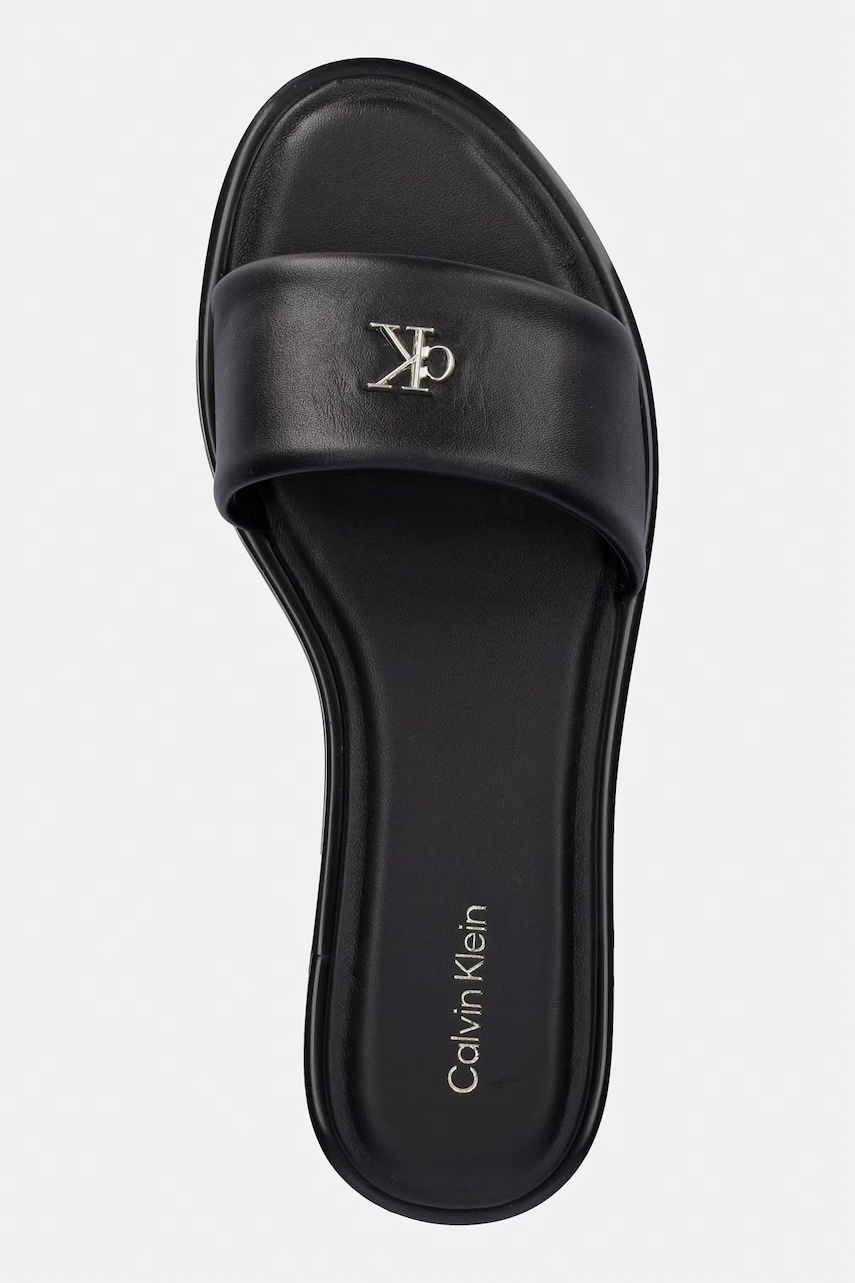 Calvin Klein šľapky dámske kožené ROUND FLAT SNDL LTH BAR HW 2