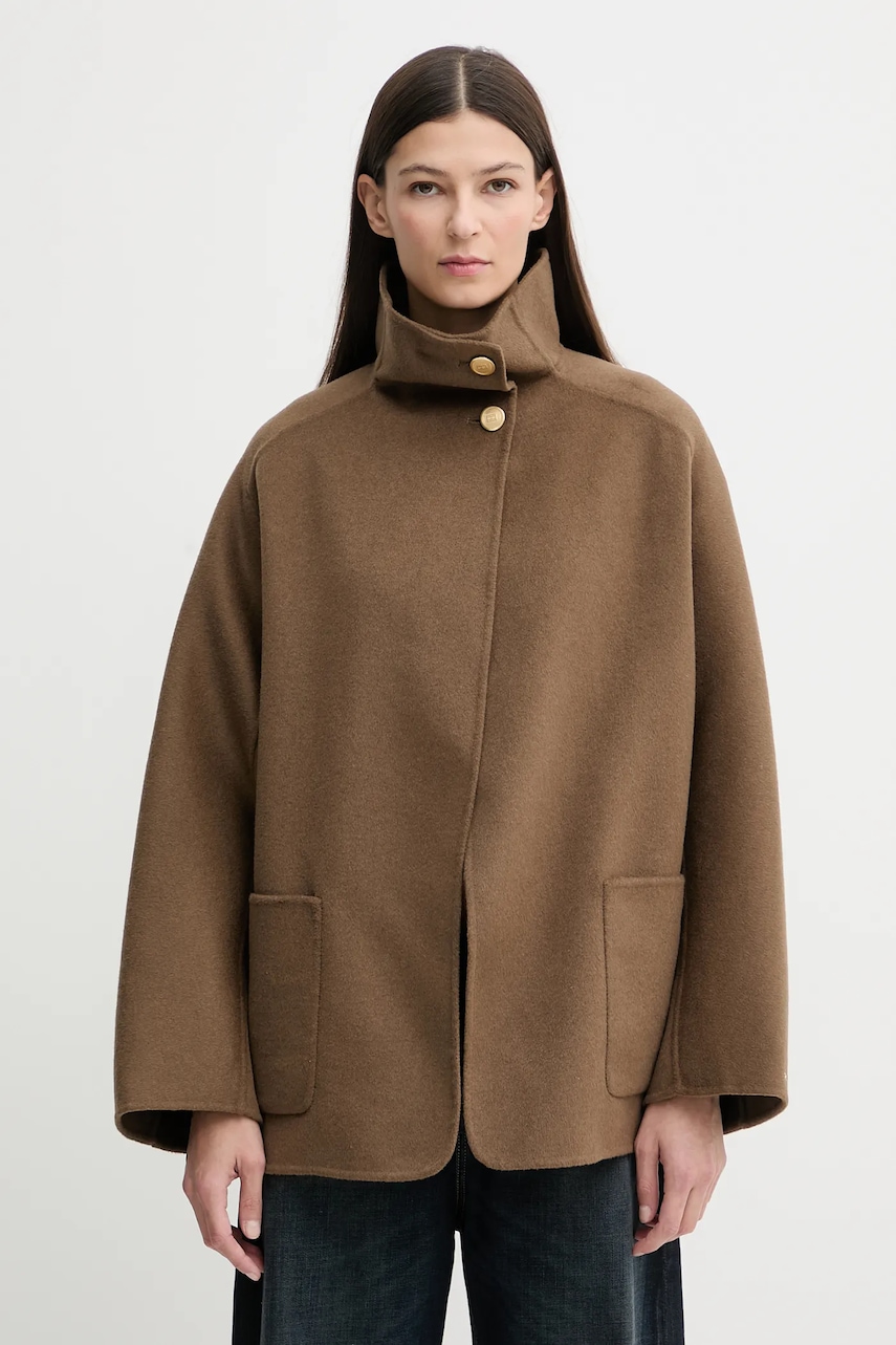 Kabát s příměsí vlny Tommy Hilfiger béžová barva, WW0WW47758