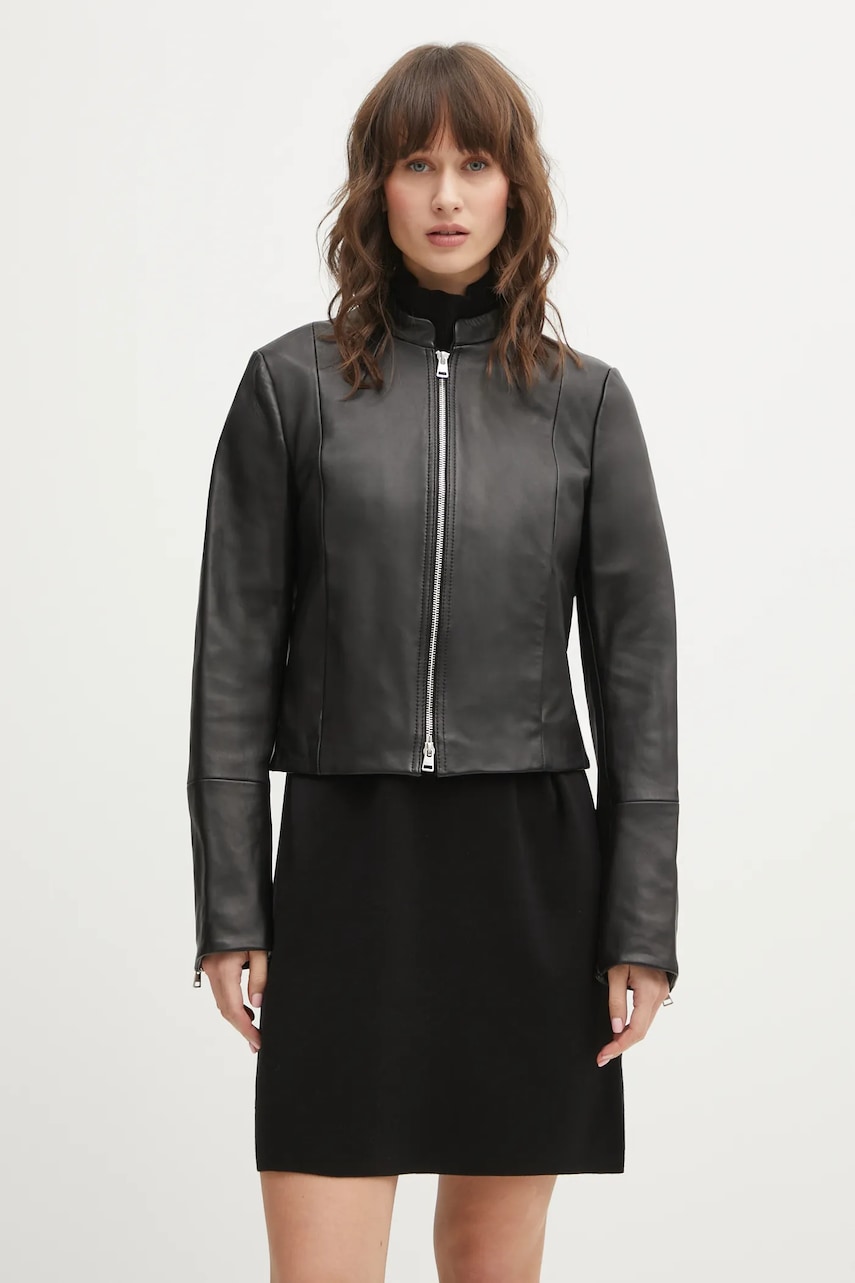 Levně Kožená bunda HUGO Lasari černá barva, přechodná, 50555743