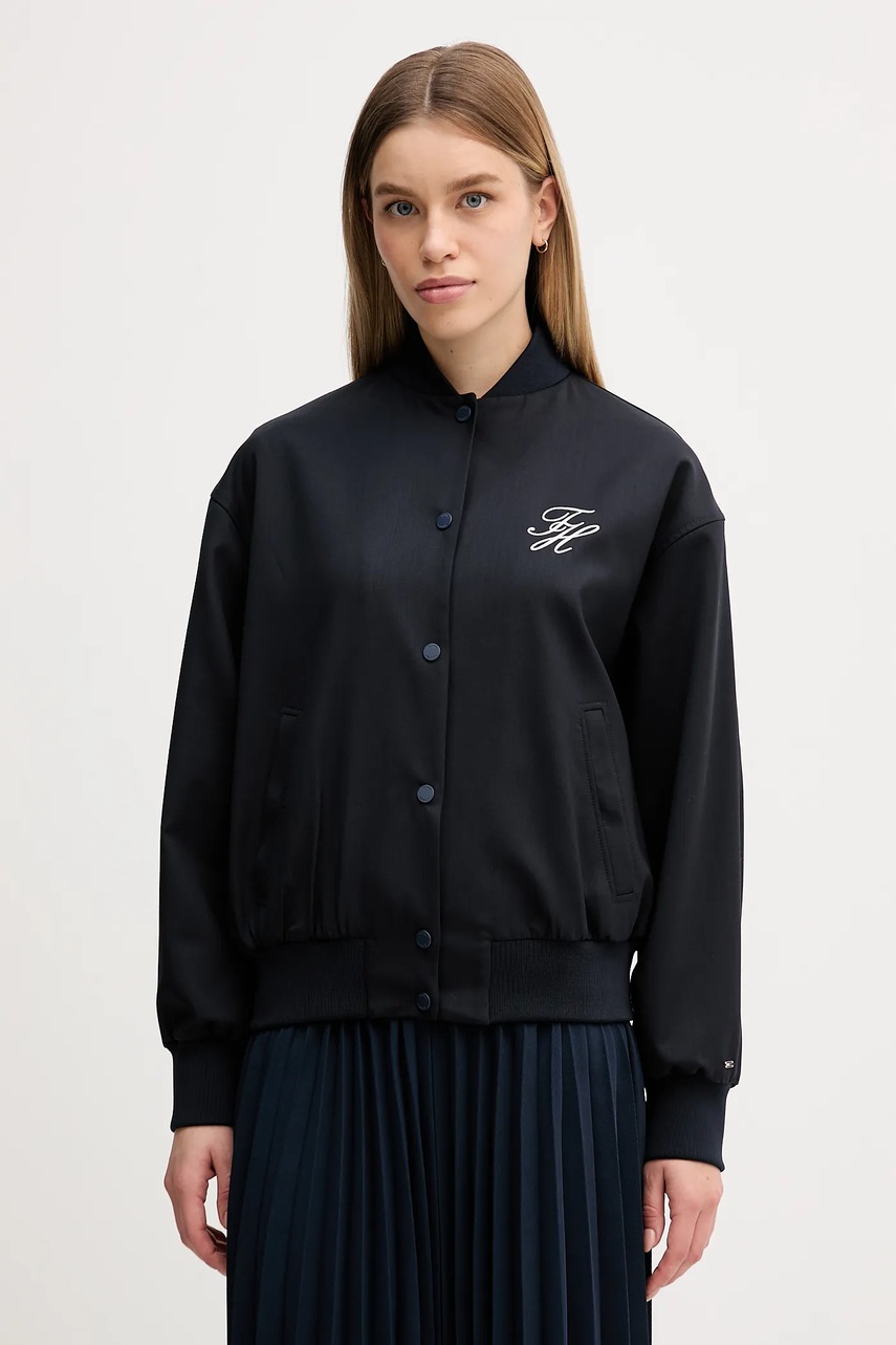 Bomber bunda s příměsí vlny Tommy Hilfiger tmavomodrá barva, oversize, WW0WW49392