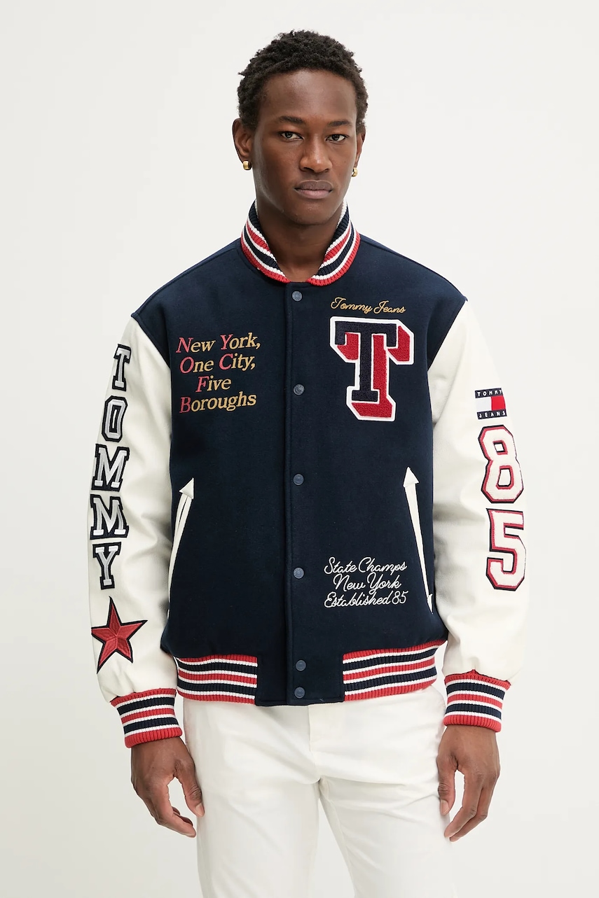 Tommy Jeans jachetă bomber din lână culoarea bleumarin, de tranziție, DM0DM22729