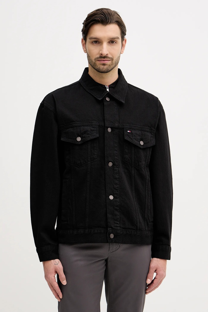 Levně Džínová bunda Tommy Hilfiger černá barva, přechodná, oversize, MW0MW42616
