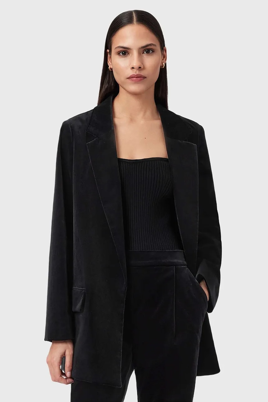 AllSaints jachetă de catifea culoarea negru, un singur rând de nasturi, uni, W064QD