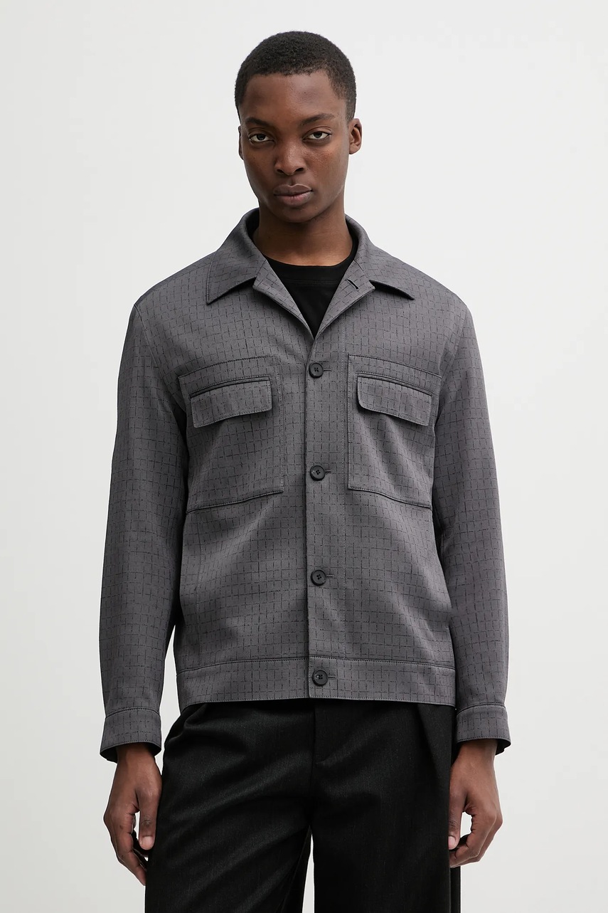 Levně Bunda s příměsí vlny HUGO Juliano243F1 šedá barva, oversize, 50556701