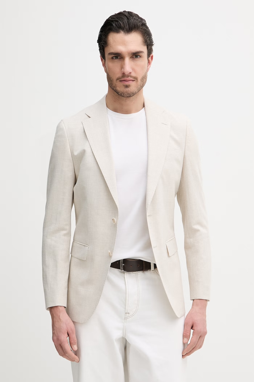 BOSS marynarka z dodatkiem lnu Hutson męska kolor beżowy 50561865