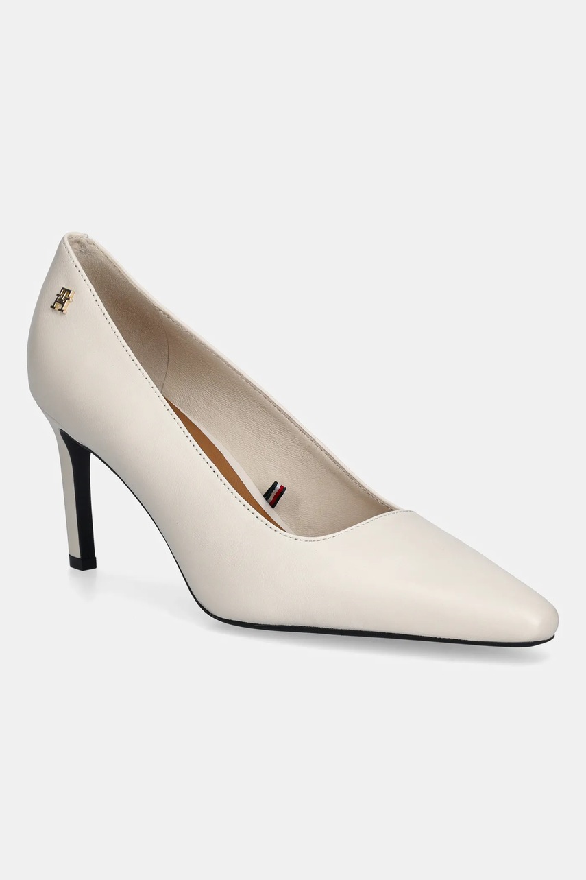 Levně Kožené lodičky Tommy Hilfiger TH LOGO LTH PUMP SLANTED HL béžová barva, FW0FW09008